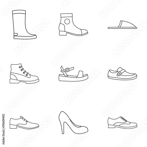 Kind of shoes icons set, outline style