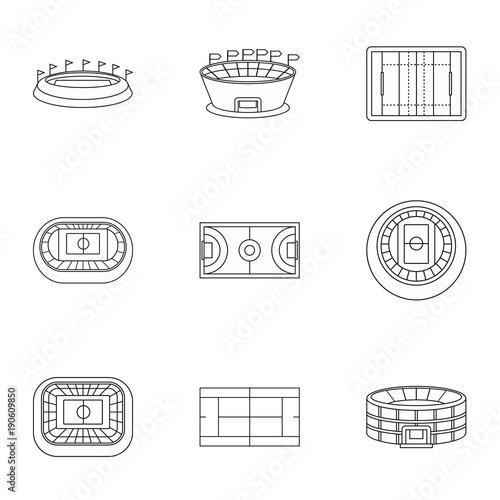 Game at stadium icons set, outline style