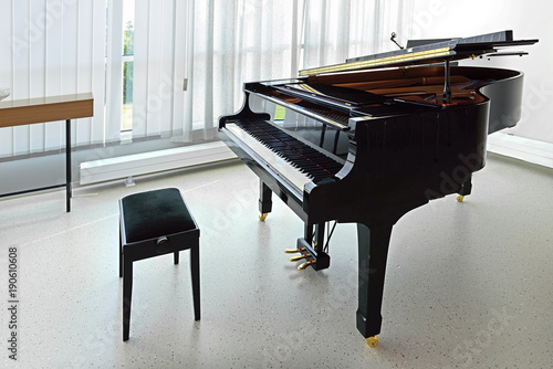 Black grand piano in empty room photo