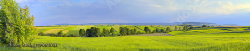 Panoramic landscape with green fields and trees. Europe, Poland, Holy Cross Mountains.