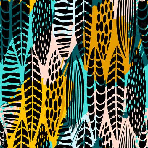Tribal seamless pattern with abstract leaves. Hand draw texture.