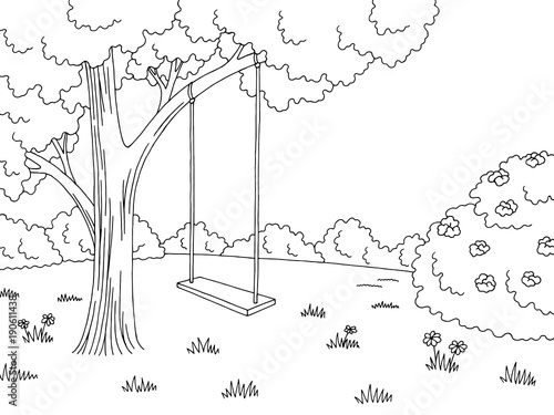 Tree swing graphic black white forest glade landscape sketch illustration vector