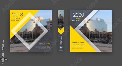 Abstract blurb. Yellow, black a4 brochure cover design. Info banner frame. Ad flyer text font. Title sheet model set. Modern vector front page art. Creative city texture. Rhombus figure image icon