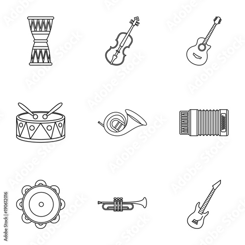 Tools for music icons set, outline style