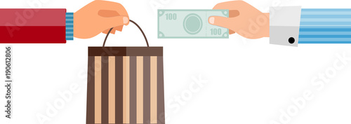 The goods purchase. Buying. Hand giving money to other hand. Vector color isolated illustration in flat style.