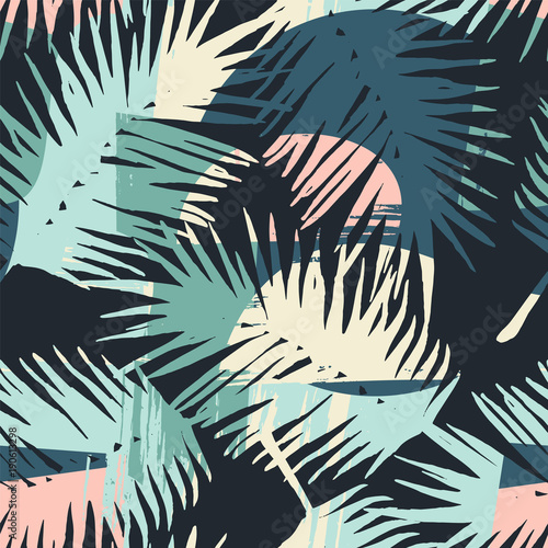 Naklejka Bezszwowy egzotyczny wzór z tropikalnymi roślinami i artystycznym tłem