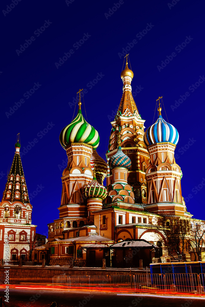St Basil's Church in night. Cathedral in Red Square. Temple in Moscow. Center of Moscow. Incredibly beautiful cathedral in Moscow. St Basil.