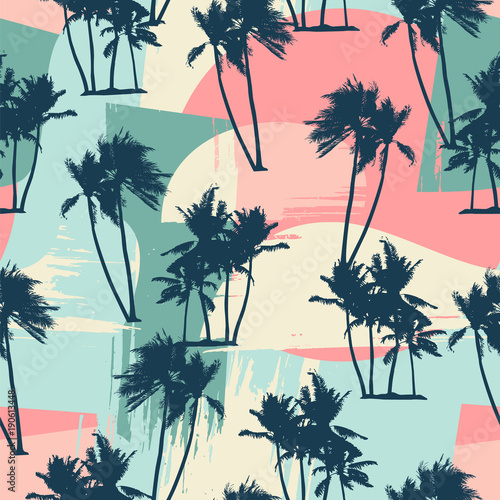 Seamless exotic pattern with tropical palms and artistic background.