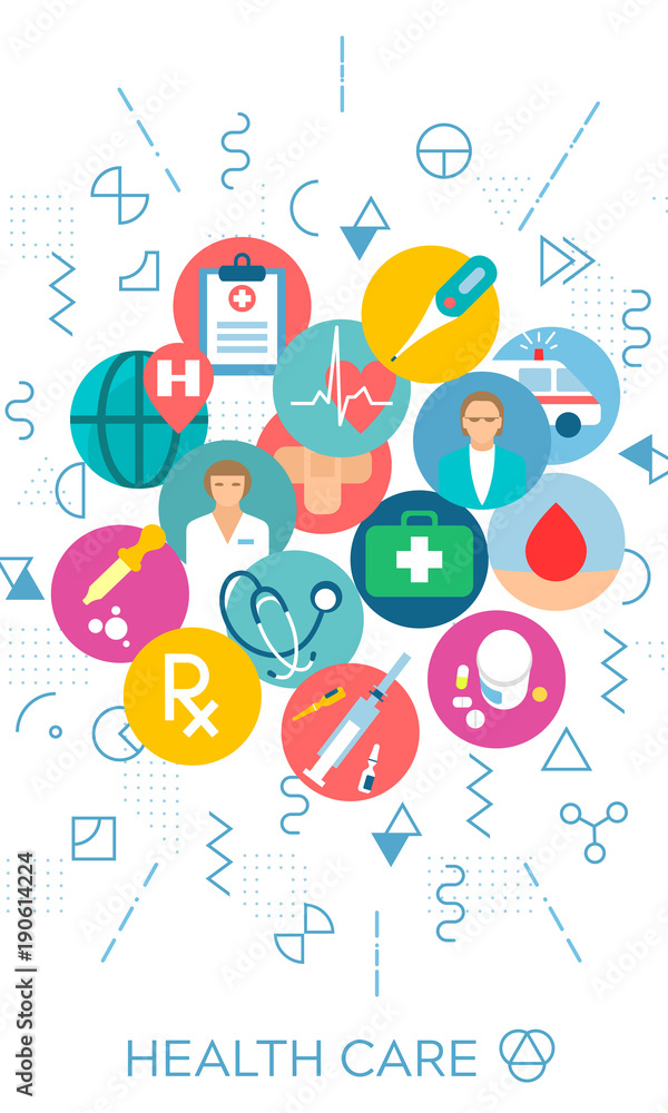 Fototapeta premium Medical health care web banner concept illustration. Flyer, brochure flat style design. Medicine icons. Online diagnosis flyer, brochure, website banner layout