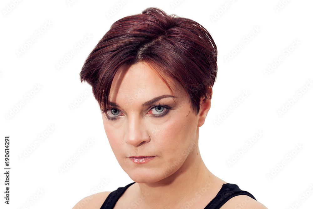 Beautiful woman portrait with short red hair and blue eyes Beautiful woman portrait with short red hair and blue eyes