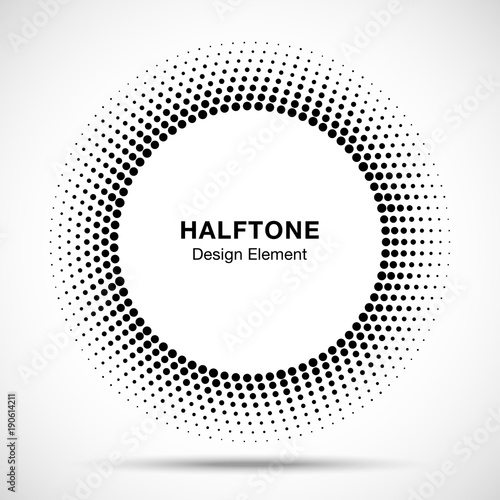 Black Abstract Circle Frame Halftone Dots Logo Design Element for medical treatment, cosmetic. Circle Border Icon halftone round dot vector elements. Halftone circle emblem, vector illustration.