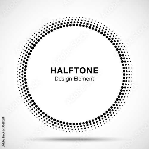 Black Abstract Circle Frame Halftone Dots Logo Design Element for medical treatment, cosmetic. Circle Border Icon halftone round dot vector elements. Halftone circle emblem. Vector illustration.