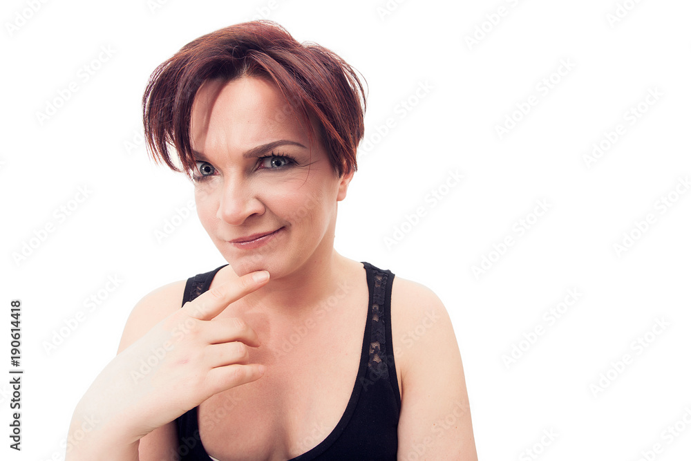 Woman portrait thinking about something with rascal look Woman portrait thinking about something with rascal look