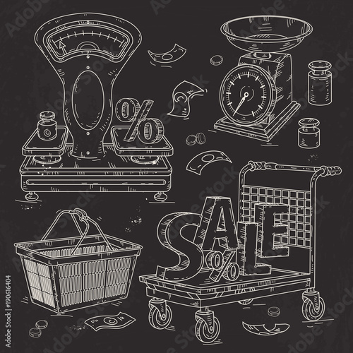 set icons for supermarket and trade, the trading equipment, scales and shopping trolley