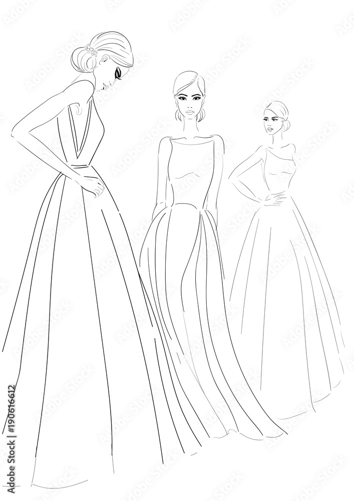 three models in couture dresses sketch three models in couture dresses sketch