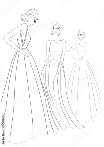 three models in couture dresses sketch