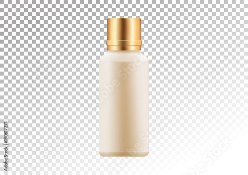 Vector empty gold and pink package for cosmetic products tube and bottle for lotion, shower gel, shampoo, tonic. Realistic mockup of plastic container isolated on white-transparent background.