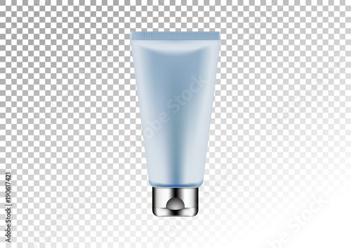 Vector empty silver and blue package for cosmetic products tube for lotion, shower gel, shampoo, cream. Realistic mockup of plastic container isolated on white-transparent background.