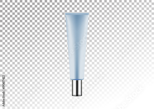 Vector empty silver and blue package for cosmetic products tube for lotion, shower gel, shampoo, cream. Realistic mockup of plastic container isolated on white-transparent background.