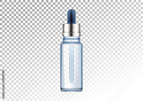 Vector realistic glass bottle. Cosmetic vials for oil, liquid essential, collagen serum. Vector illustration isolated on white-transparent background. In blue color.