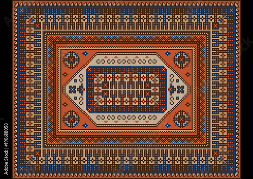 Original luxurious bright vintage oriental rug with orange,blue and brown shades

