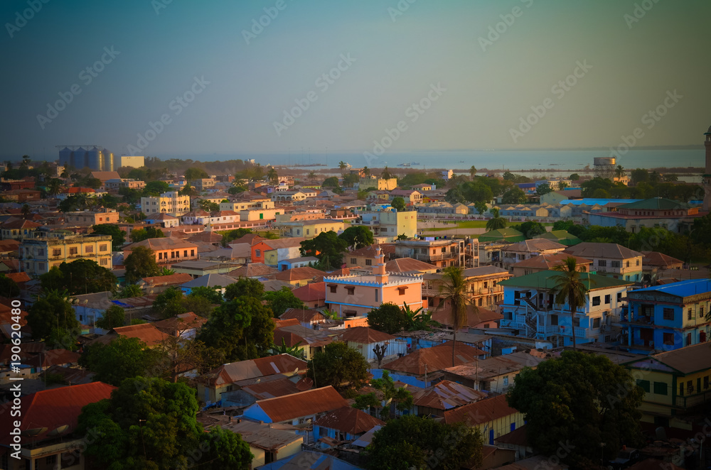 Aerial panorama view to city of Banjul and Gambia river
