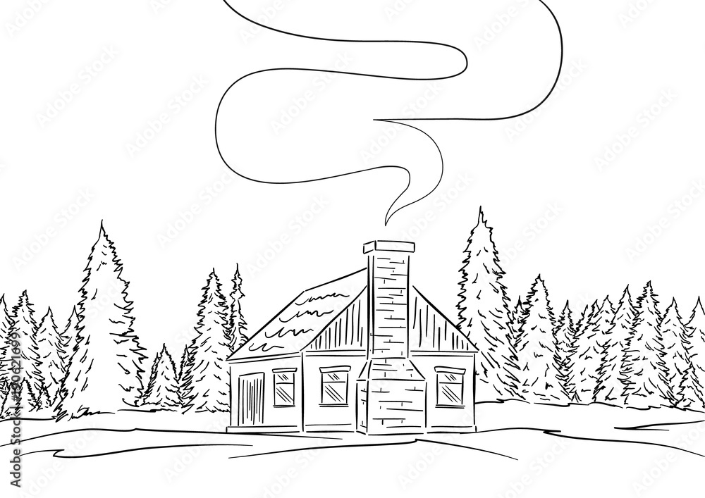Hand drawn landscape with house and pine forest. Sketch line design Hand drawn landscape with house and pine forest. Sketch line design