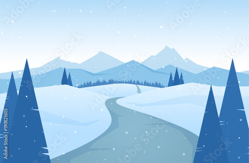Winter snowy Mountains landscape with road, pines and hills.