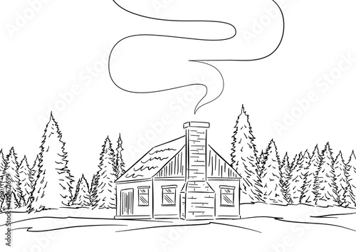 Hand drawn landscape with house and pine forest. Sketch line design