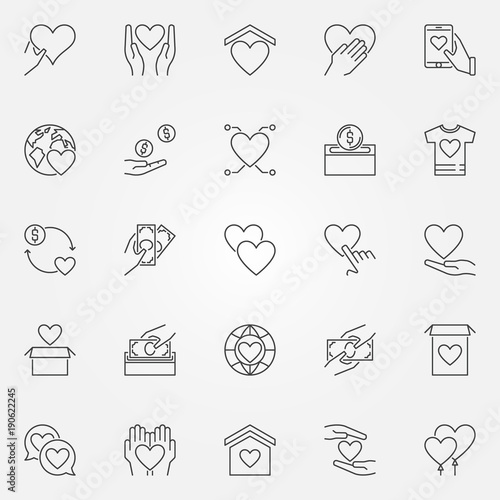 Donation and charity icons set - vector donate outline symbols