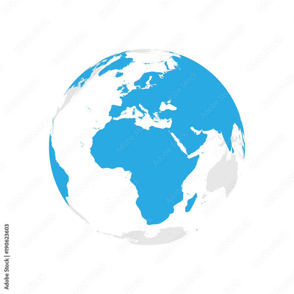 Earth globe with blue world map. Focused on Africa and Europe. Flat vector illustration.