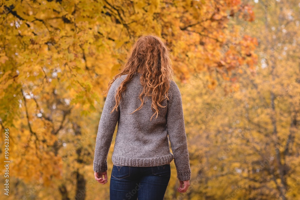 Woman looking at the autumn trees in the park Woman looking at the autumn trees in the park
