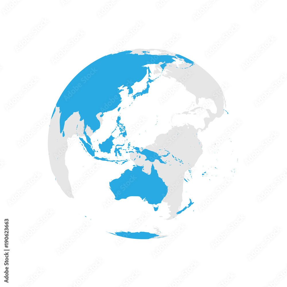 Earth globe with blue world map. Focused on Australia and Pacific. Flat vector illustration.