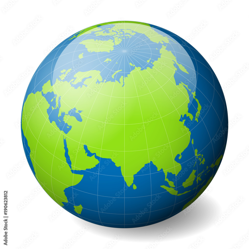 Fototapeta premium Earth globe with green world map and blue seas and oceans focused on Asia. With thin white meridians and parallels. 3D glossy sphere vector illustration.