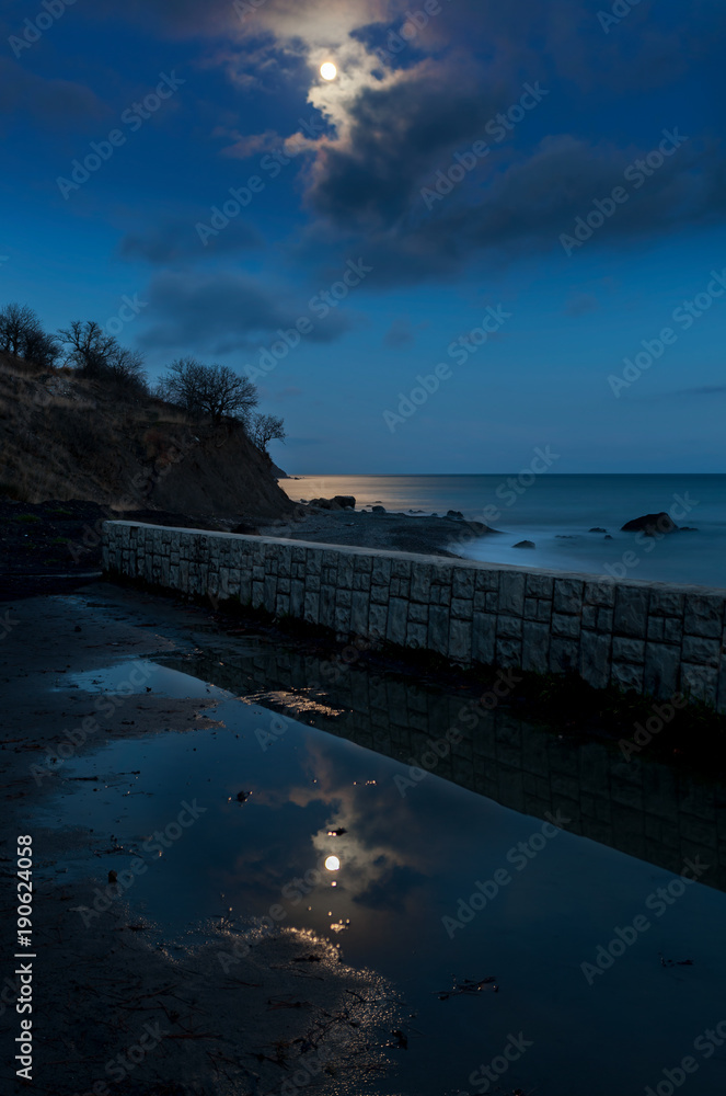 A New Year night moon on the shore of Black sea