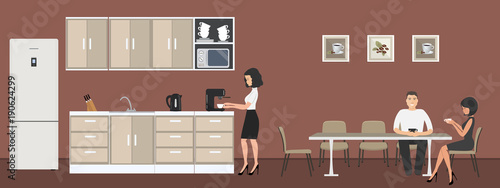 Dining room in the office. Office workers drink coffee at the table. Coffee break. Office kitchen. There are kitchen cabinets, a fridge, a microwave, a kettle and a coffee machine in the image. Vector