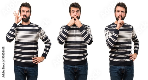 Set of Man with beard making silence gesture