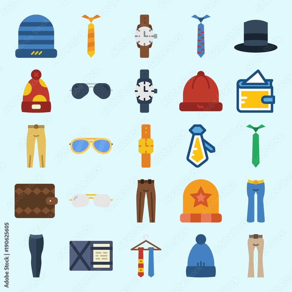 icons set about Man Accessories. with wallet, winter hat, top hat, watch, sunglasses and tie icons set about Man Accessories. with wallet, winter hat, top hat, watch, sunglasses and tie