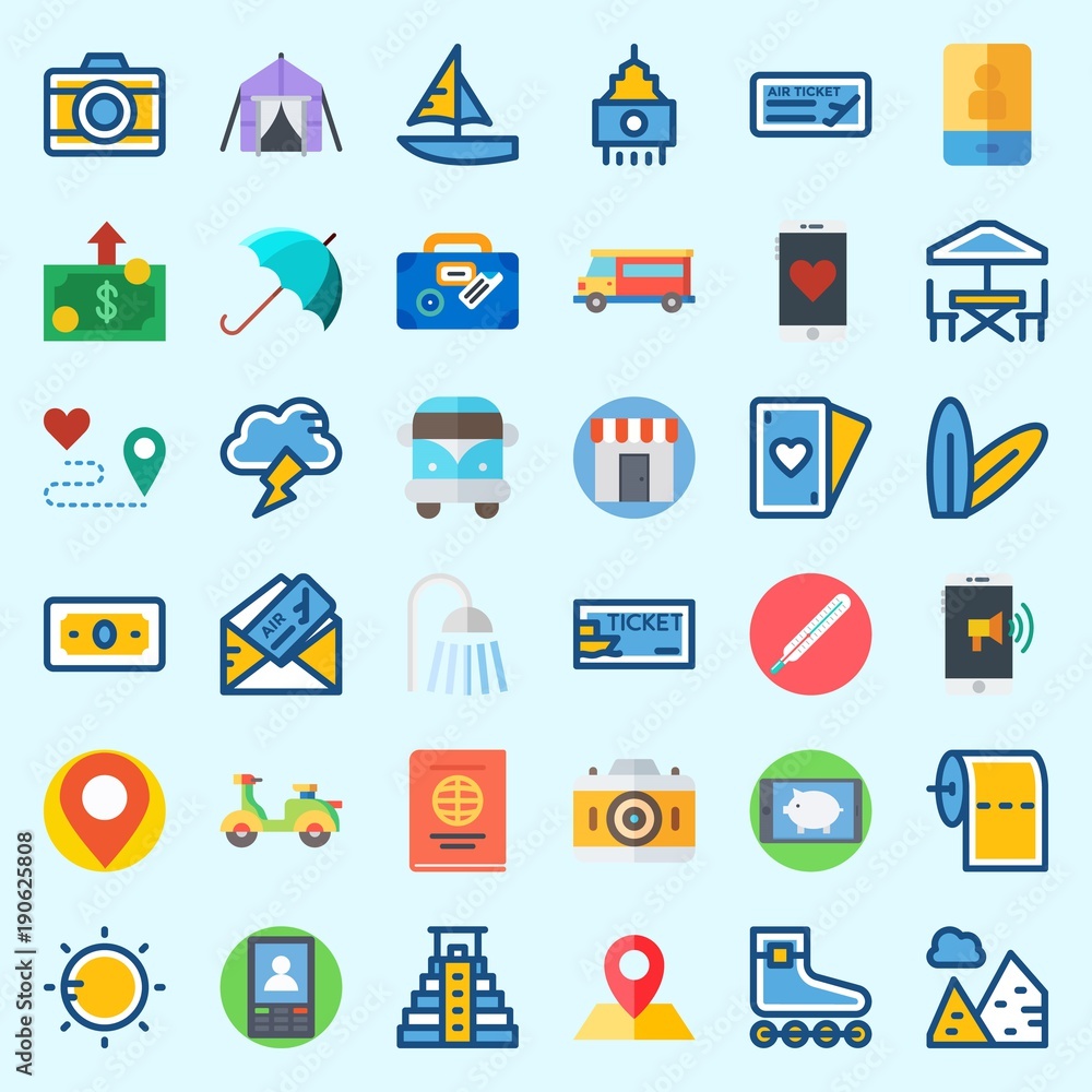 Icons about Travel with route, surfboard, passport, ticket, smartphone and photo camera