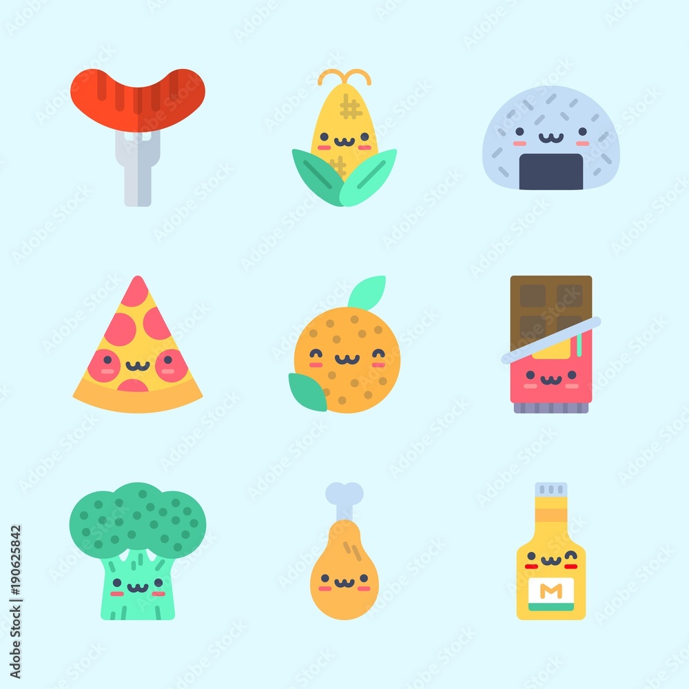 Icons about Food with onigiri, broccoli, hot dog, mustard, pizza and corn Icons about Food with onigiri, broccoli, hot dog, mustard, pizza and corn