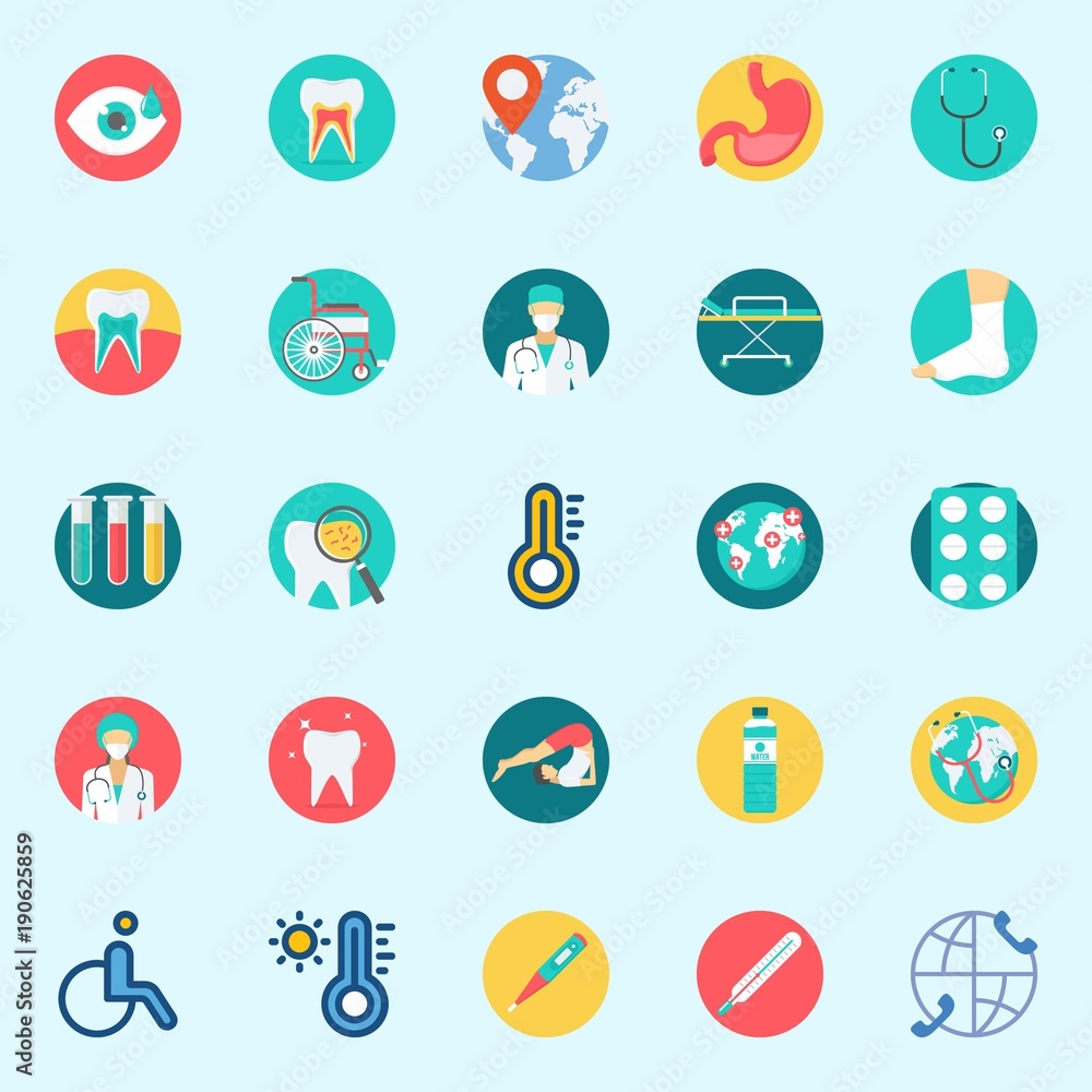 icons set about Medical. with worldwide, wheelchair, surgeon, sprain, yoga and tooth icons set about Medical. with worldwide, wheelchair, surgeon, sprain, yoga and tooth