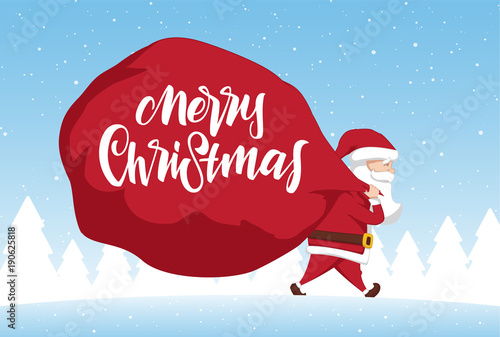 Santa Claus carries a heavy bag full of gifts on winter landscape background. Cartoon scene. Merry Christmas.