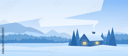 Winter snowy mountains landscape with house and smoke from the chimney.