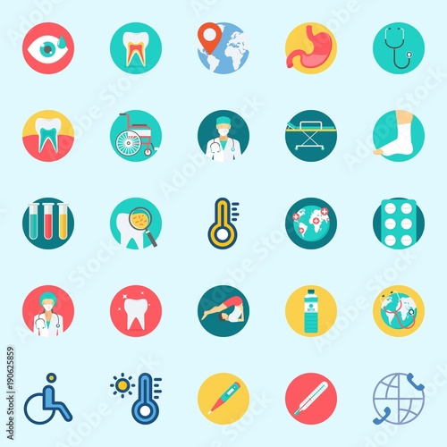icons set about Medical. with worldwide, wheelchair, surgeon, sprain, yoga and tooth