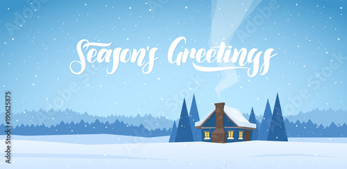 Winter christmas landscape with cartoon house and handwritten lettering of Season's Greetings.