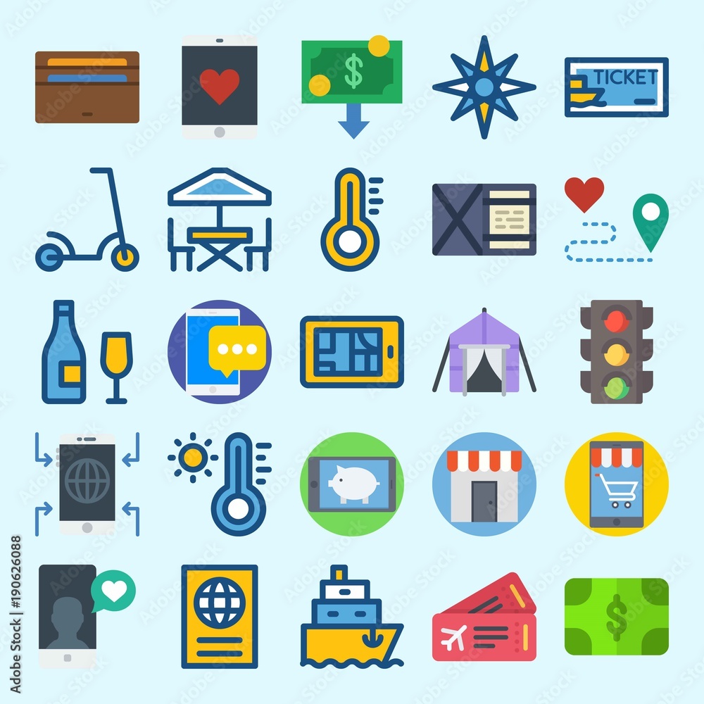 icons set about Travel. with tent, traffic light, wallet, ship, scooter and ship ticket icons set about Travel. with tent, traffic light, wallet, ship, scooter and ship ticket