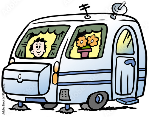 Cartoon Vector illustration of a boy in the caravan ready for the holidays