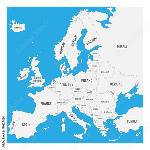 Map of Europe with names of sovereign countries, ministates included. Simplified black vector map on white background.