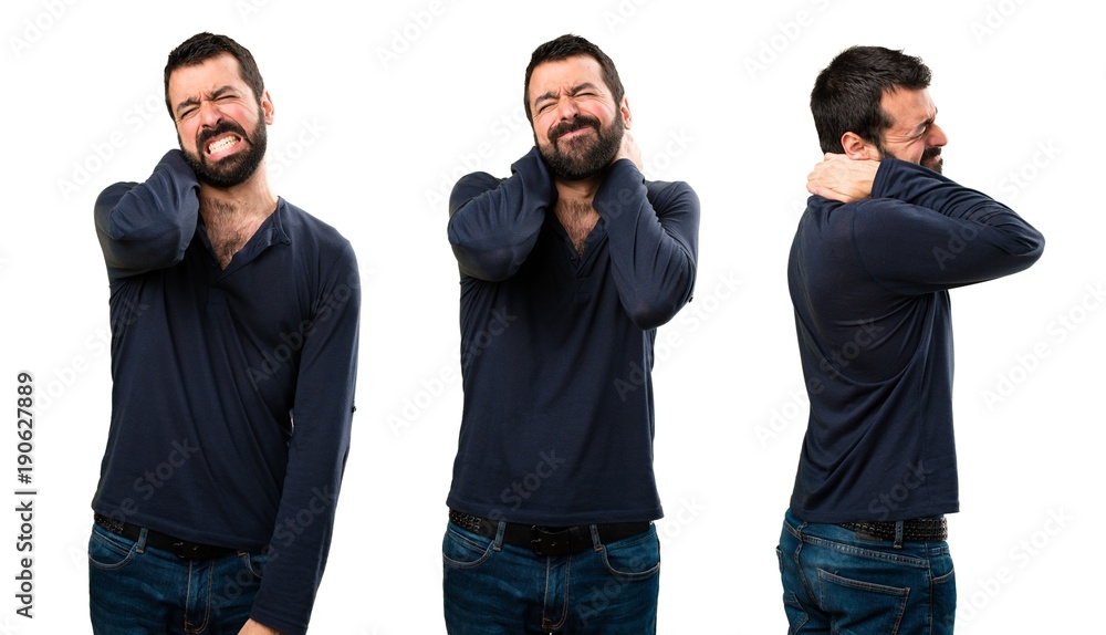 Set of Handsome man with beard with neck pain Set of Handsome man with beard with neck pain