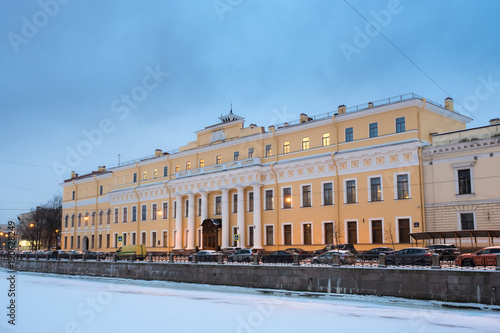 The Moika Palace or Yusupov Palace, literally the Palace of the Yusupovs on the Moika in the winter night. Saint Petersburg. Russia
